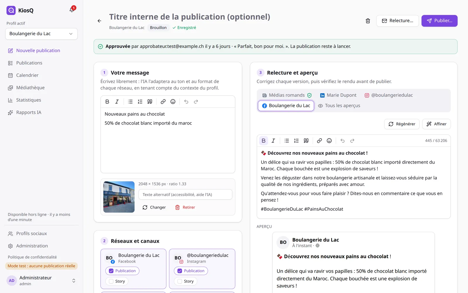 Le rédacteur de KiosQ : le message d'origine à gauche, la version adaptée pour Facebook et son aperçu à droite