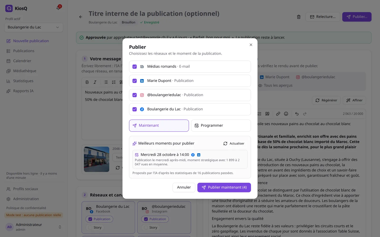 La fenêtre de publication avec les réseaux choisis et un créneau proposé par l'IA